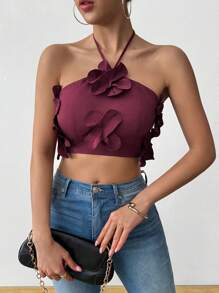 SHEIN Unity Women's Fashionable Versatile Strapless Tie Backless Floral Tank Top, Spring/Summer - Burgundy - View 3