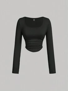 SHEIN MOD 女士休闲百搭纯色褶皱 T 恤 - 灰色 - 查看 7