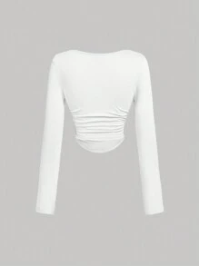 SHEIN MOD 女士休闲百搭纯色褶皱 T 恤 - 灰色 - 查看 10