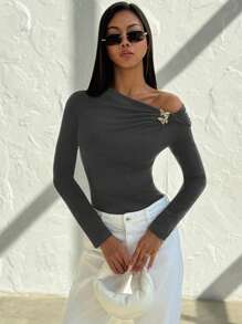 Firerie Elegant Twist Metal Decor Off Shoulder Long Sleeve Slim Fit Black T-Shirt, Chic & Modern Design, Autumn/Winter - Grey - View 1