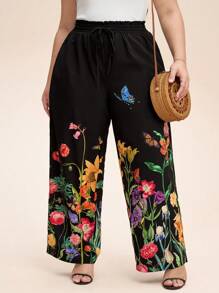 SHEIN LUNE 大码休闲花卉印花阔腿裤女士夏季大码大码春季婚礼宾客女士休闲日常穿着、通勤优雅度假商务休闲女士