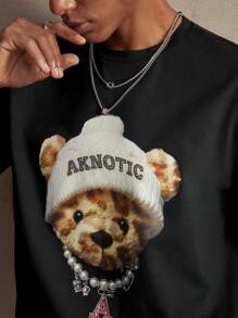 AKNOTIC Business Casual 男士黑色针织卡通熊印花贴身圆领休闲 T 恤，适合春夏季日常和派对穿着 - 黑色 - 查看 4