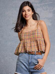 WESTFADE 春季西部格子方领荷叶边荷叶边娃娃装吊带上衣 - 彩色 - 查看 4