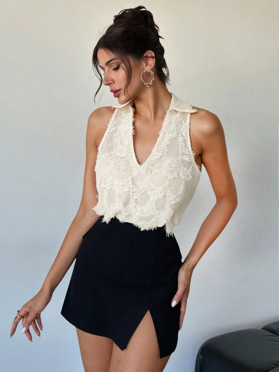 Firerie Áo sơ mi voan không tay cổ chữ V họa tiết hoa thanh lịch dành cho nữ, áo cánh công sở đơn giản cho ngày lễ tình nhân, màu mơ - Màu be - Xem 1