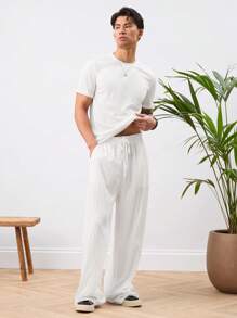 Manfinity BRENVOR Unisex Casual Pleated High Waist Drawstring Straight Leg Pants, Solid Color, Suitable For Daily Wear - White - View 2