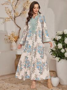 Al Najma Indonesian Arabic Long Robe Dress For Women, Dubai Style Loose Retro Printed Robe, Turkish Caftan, Modest Kaftan - Apricot - View 4