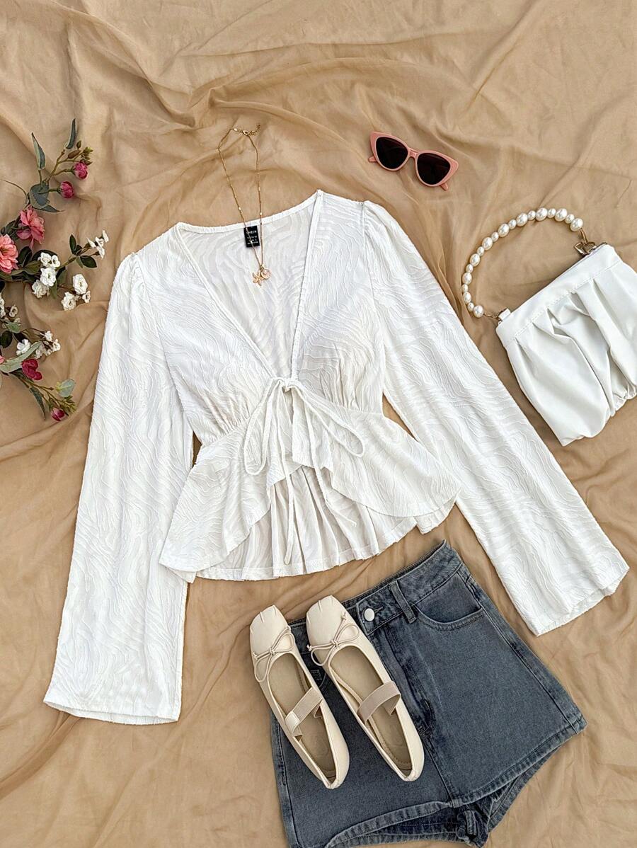 Soleia 女士度假白色纹理前开领带腰部喇叭下摆长袖衬衫，适合派对、约会、情人节、分层或单独穿着 - 白色 - 查看 1