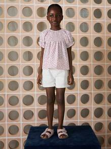 THE HAPPY LOOK Young Girls' Ditsy Floral Puff Sleeve Casual Shirt For Vacation