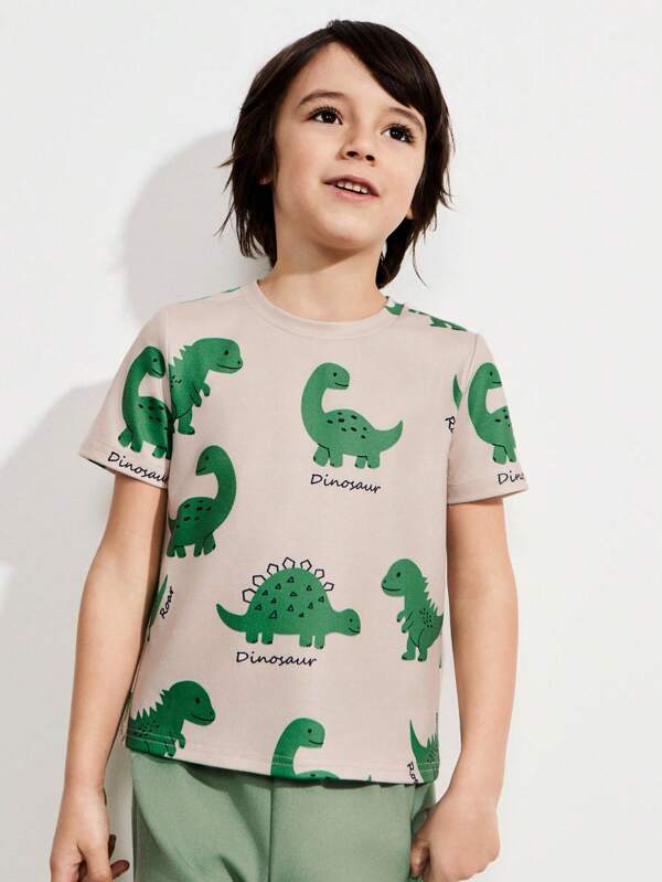 THE HAPPY LOOK Tricou casual cu mânecă scurtă cu imprimeu cu litere din dinozaur din desene animate