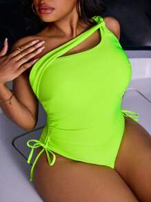 Slaydiva 1 pieza Traje de baño de una sola pieza con pliegues en color verde neón talla grande con cordón para mujer, para verano y vacaciones en la playa - Verde - Ver 6