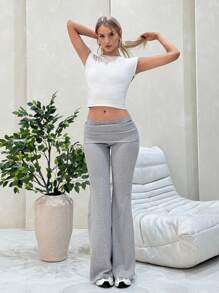 Comfortcana 女式纯色蕾丝下摆修身喇叭裤