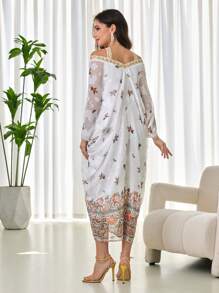 Modelyn Damen Kleid mit Schulterausschnitt, Mesh, Blume Muster und Rüschensaum für den Frühling