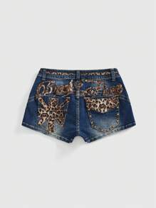 ROMWE Grunge Punk Damen Kpop Y2K Leopard Muster bestickte Super Tief Taillierte Mini Denim Shorts, für Musikfestivals/Konzerte - Blau - Übersicht 7