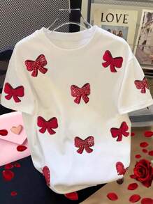 Chiquease Women Casual 3D Bow Decor Short Sleeve T-Shirt