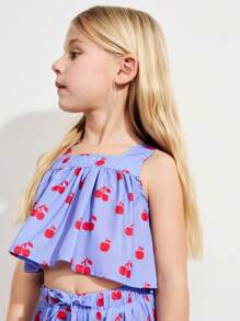 THE HAPPY LOOK Conjunto de top de tirantes y pantalones de pierna ancha con estampado de cerezas para niñas, ideal para verano