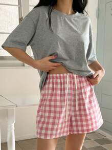 DAZY 2 件女式纯色 T 恤上衣 + 格子短裤睡衣套装 - 粉色 - 查看 4