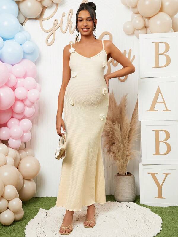 Loomaby Pregnant Women Elegant Solid Color 3D Floral Decor Strap Dress, For Baby Shower Party,Gender Reveal Dress,Maternity Dress