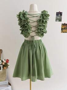 Soleia 女士浪漫花卉印花褶皱 V 领绿色露背系带收腰 A 字春季迷你连衣裙，适合度假、返校、秋季