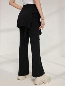 Modelyn Women's Solid Color Ruffle Trim Palazzo Pants - Black - View 2