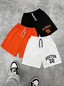 3 stuks/set Tween Boys Casual Veelzijdige Comfortabele Letter & Patroon Print Losse Gebreide Shorts, Multi-Pack, Geschikt Voor School, Tuin, Strand, Verjaardag, Lente, Zomer, Herfst, Winter