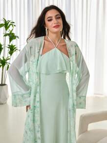 Modelyn 2pcs Set: Chiffon Embroidered Elegant Jacket + Fashionable Neck-Wrap Dress For Women, Spring/Summer Fall Cloth For Women