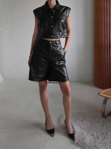 DAZY Women 2pcs Set: Solid Color PU Leather Single-Breasted Top And Pocketed Shorts,Short Women Sets - Black - View 3