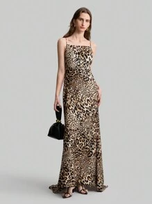Ontre Leopard Print Satin Material Slip Dress, Elegant Tie Shoulder Dress With Tail, Spaghetti Strap Sleeveless Formal Party Gown - Coffee Brown - View 9