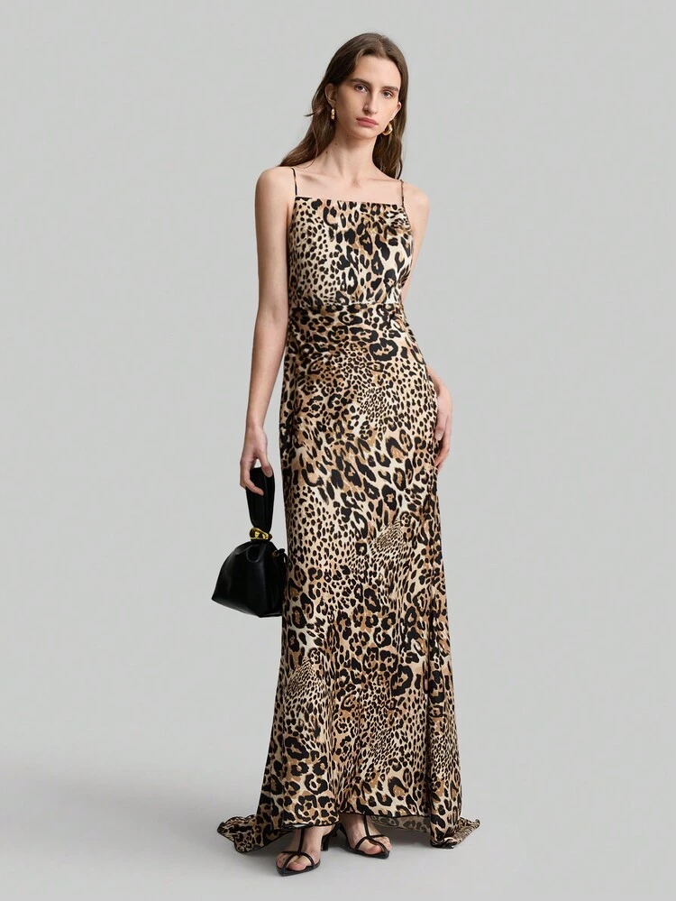 Leopard Print Satin Material Slip Dress, Elegant Tie Shoulder Dress With Tail, Spaghetti Strap Sleeveless Formal Party Gown