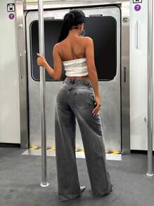 EURMUSE WOMEN LOW WAIST WIDELEG CASUAL FASHION JEANS - Dark Grey - View 2