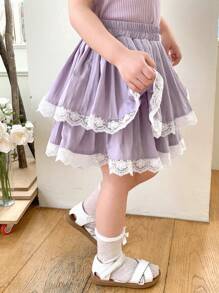 DAZY Young Girl Contrast Lace Ruffle Hem Short Skirt - Purple - View 1
