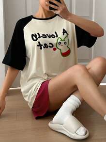 DAZY 2pcs Set Women's Cartoon Print Contrast Color Raglan Sleeve Loose Shorts Pajama Sleepwear Set - White - View 1