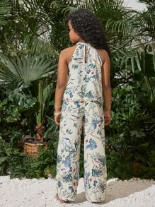SHEIN Leap Crew Tween Girls Vacation Casual Floral Halter Top & Wide Leg Pants Set, Mommy And Me Matching Outfits (2 Sets Sold Separately) - Green - View 3