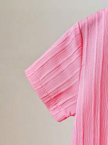 3pcs/Set Baby/Toddler Girl Casual Versatile Pink Short Sleeve Blouse Top, Loose Wide Leg Shorts And White Camisole, Comfortable Woven Fabric, Spring/Summer New Outfit, Suitable For Everyday Wear And Vacation - Pink - View 3