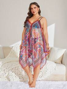 SHEIN Swim Curve Plus Size Women's Sleeveless Print Patchwork Beach Cover Up, For Summer Vacation