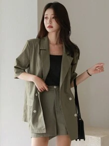 DAZY Bộ 2 món đồ công sở cho nữ, áo khoác blazer tay ngắn dáng rộng màu trơn và quần short, vải lanh mùa xuân/hè, bộ đồ ngắn cho nữ - màu xanh lá - Xem 3
