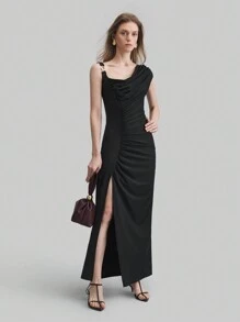 Ontre Women's Black Elegant Urban Pleated Asymmetrical Collar Split Hem Dress - Black - View 2