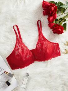 Valentine's Day Plus Size Full Cup Underwire Padded Lace Patchwork Heart Decor Lingerie Brassiere - Red - View 6