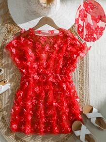 1pc Minimalist Casual Daily Wear Mesh Cover Up For Tween Girls - Red - View 2