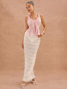 L'Amorae Elegant Spring Summer Vacation Ruffle Detail Pasted Pink Color Sleeveless Sheer Smocked Chiffon Top, Summer For Women - Pink - View 4