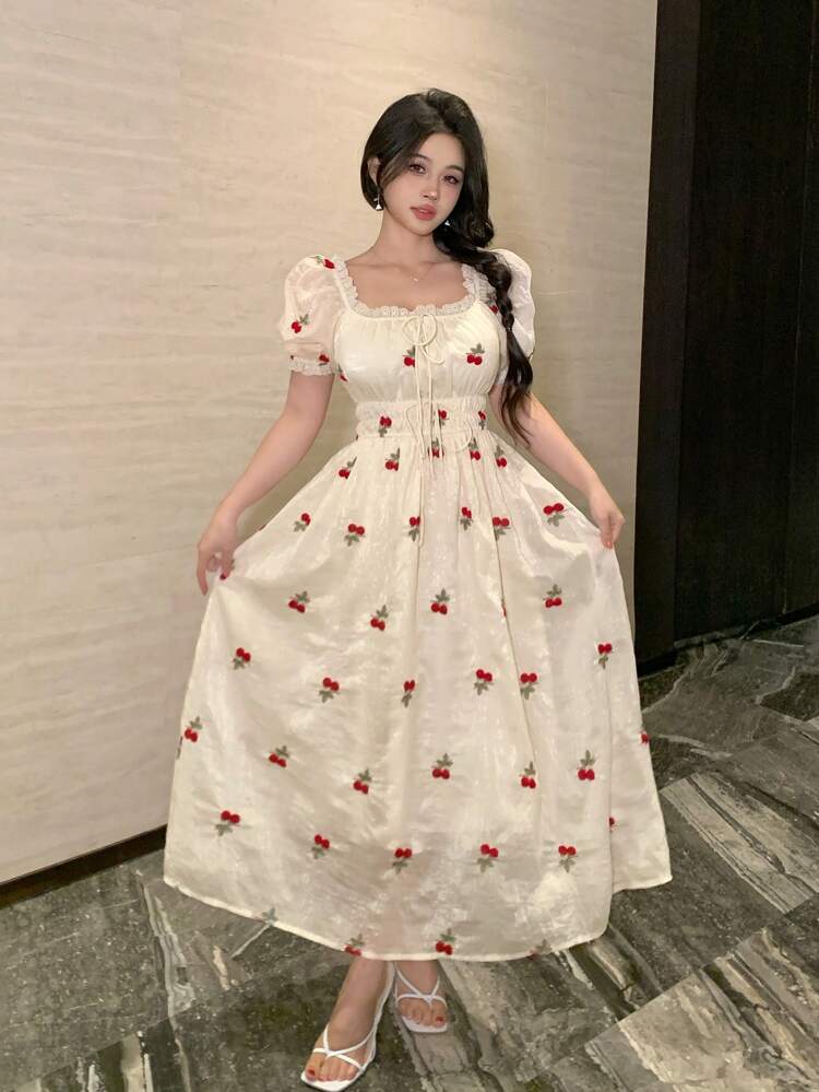 Spring New Arrival Valentine's Day Ruched Sundress, Textured Floral Dress With Beach Holiday Vibe For Women,Milkmaid Dress Vacation Outfits Women Boho