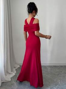 Elenzga 金属扣领褶皱镂空性感优雅女式连衣裙 - 紅色 - 查看 2