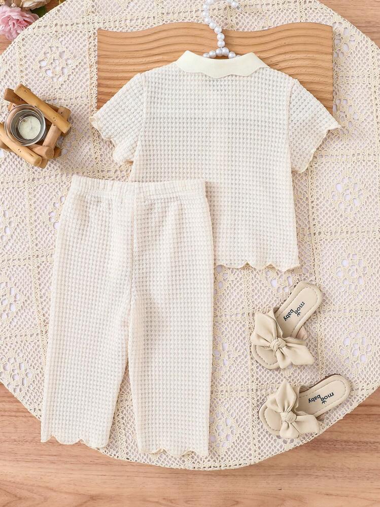 SHEIN Vintaside Kids 2pcs Cute Baby Girl Set,White Summer Vacation Outfit,Crochet Knit Ruffled Collar Button Top & Loose Wide Leg Pants,1 Year Old Minimalist Elegant Suit - Apricot - View 2