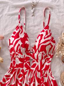 Soleia Island Holiday 女式 V 领镂空后背修身喇叭迷你连衣裙，花卉和复古印花