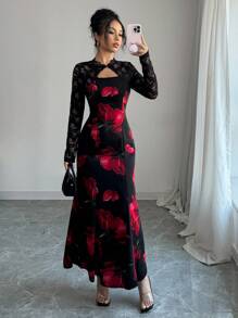 Modelyn Women Woven Patchwork Lace Long Sleeve Hollow Button Ruched Waist Bodycon Dress - Black - View 3