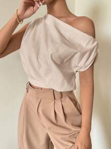 Firerie 女士不对称露肩宽松无袖竹纤维亚麻衬衫，优雅适合度假和日常穿着 - 杏色 - 查看 5