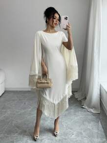 Chiquease Elegant Women's Music Festival Tassel Trim Waist Long Sleeve Dress - Apricot - View 8