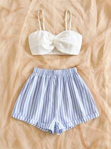 Soleia Set de 2 piezas para mujer: Top de tirantes con giro en la parte delantera y pantalones cortos a rayas de talle alto, adecuado para festival de música, estilo bohemio, vacaciones, citas, tarde de té. - Azul y blanco - Ver 7