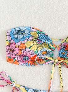 SHEIN Swim 2 件套春假波西米亚风印花扭纹前抹胸比基尼套装，节日波西米亚风 - 彩色 - 查看 4