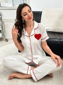 Plush Heart Decor Romantic Women Pajama Set - White - View 3