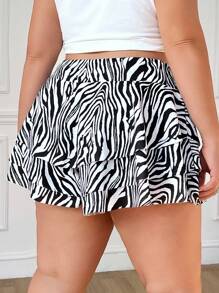 SHEIN EZwear Plus Size Women's Black & White Zebra Print Ruffle Hem Shorts - Black and White - View 2